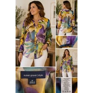 Susan Graver Style Womens Medium Floral Button Front Sheer Blouse Purple Yellow
